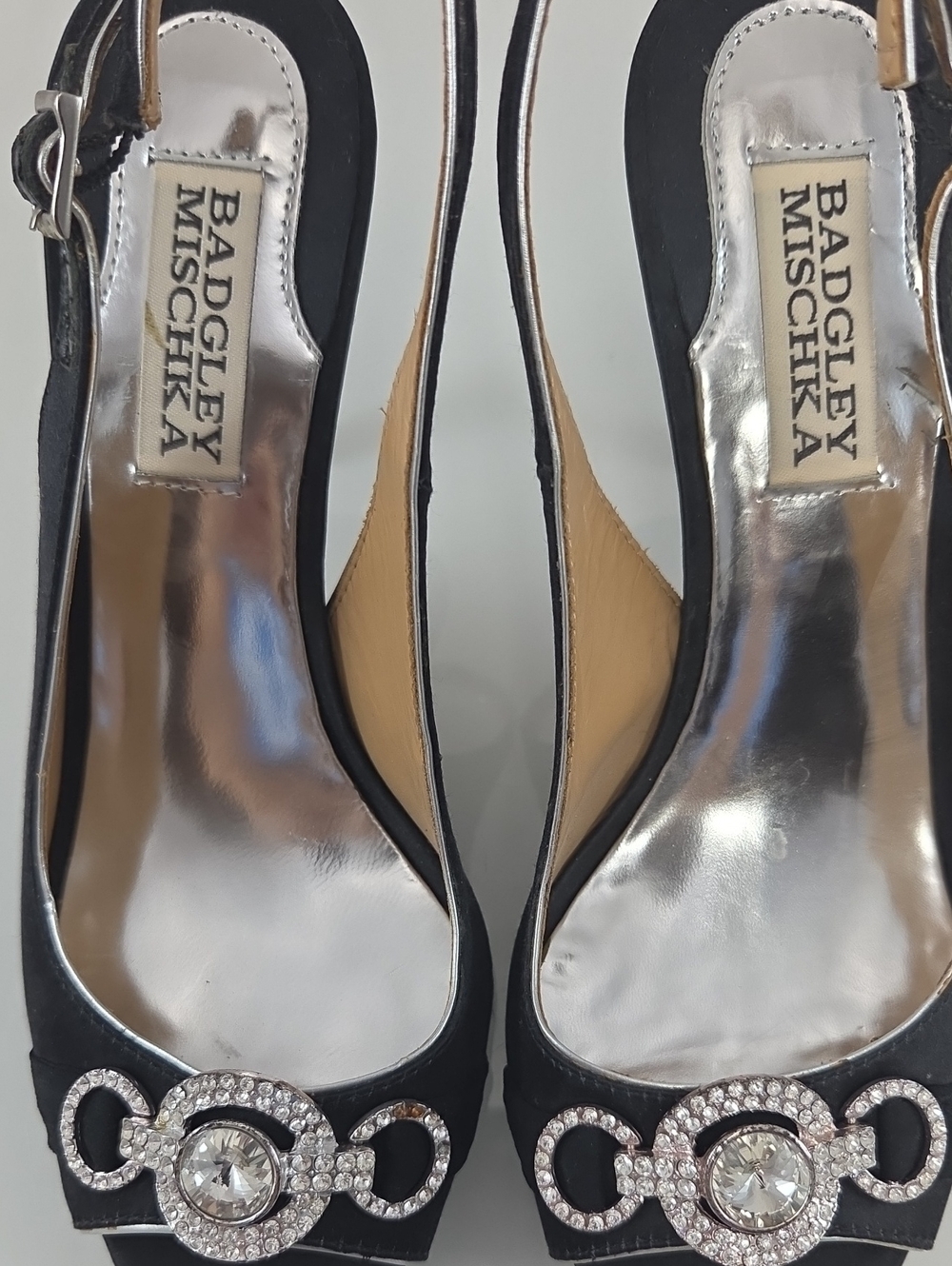 Badgley Mischka Black Embellished Slingback Peep-Toe Heels - Picture 12 of 13